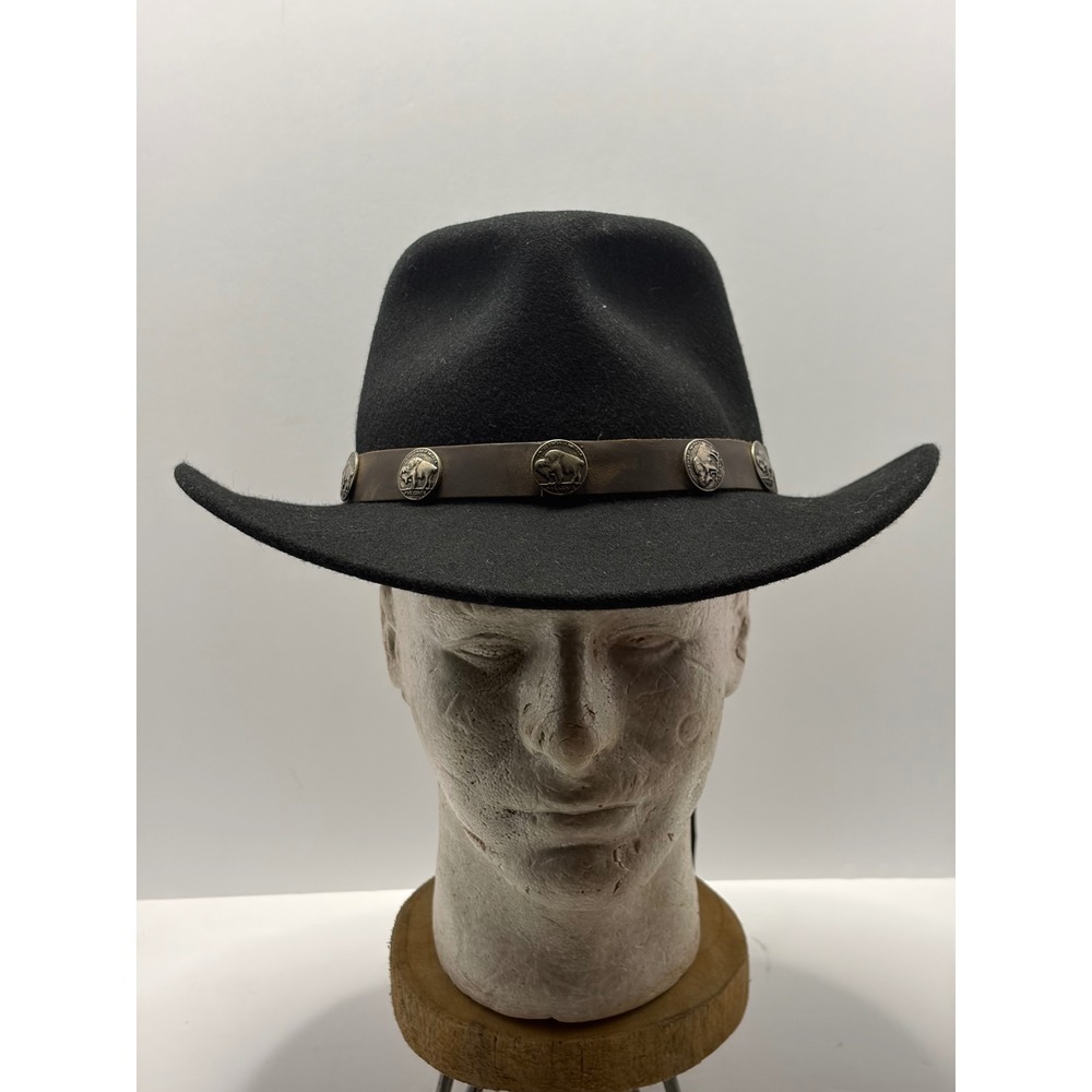 DPC Dorman Pacific Co Black Wool Cowboy Hat Buffalo Nickel Leather Band S M
